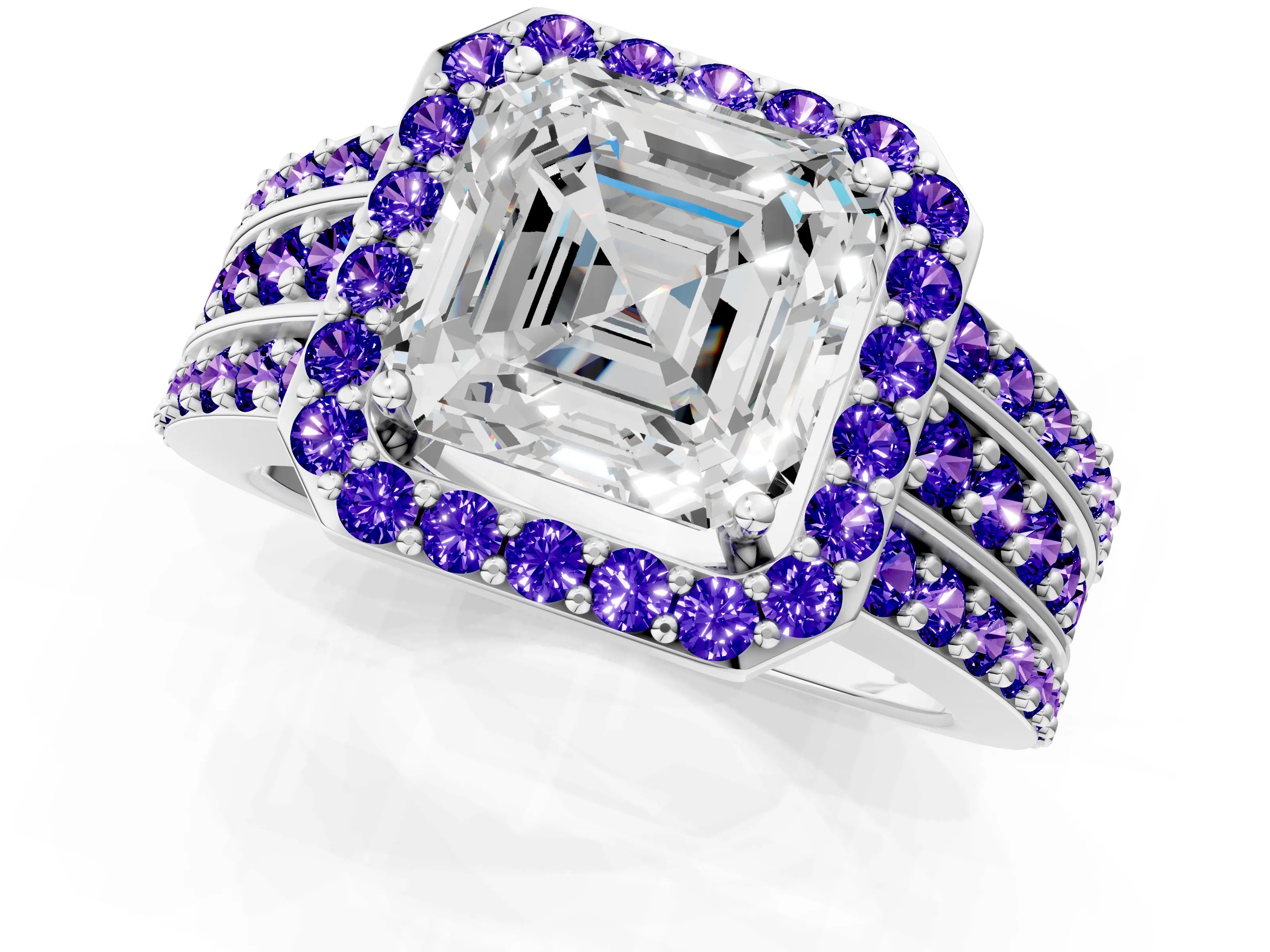 White gold Asscher Cut Halo Diamond Ring with Round with Tanzanite side stone Split Shank and Prong Setting_13