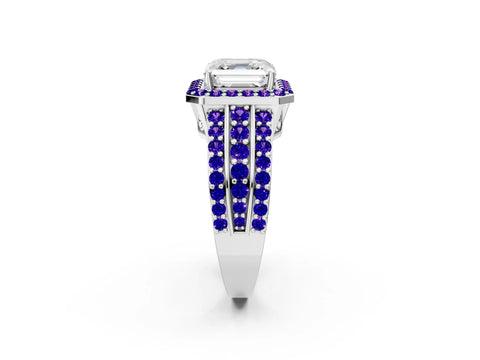 White gold Asscher Cut Halo Diamond Ring with Round with Tanzanite side stone Split Shank and Prong Setting_14