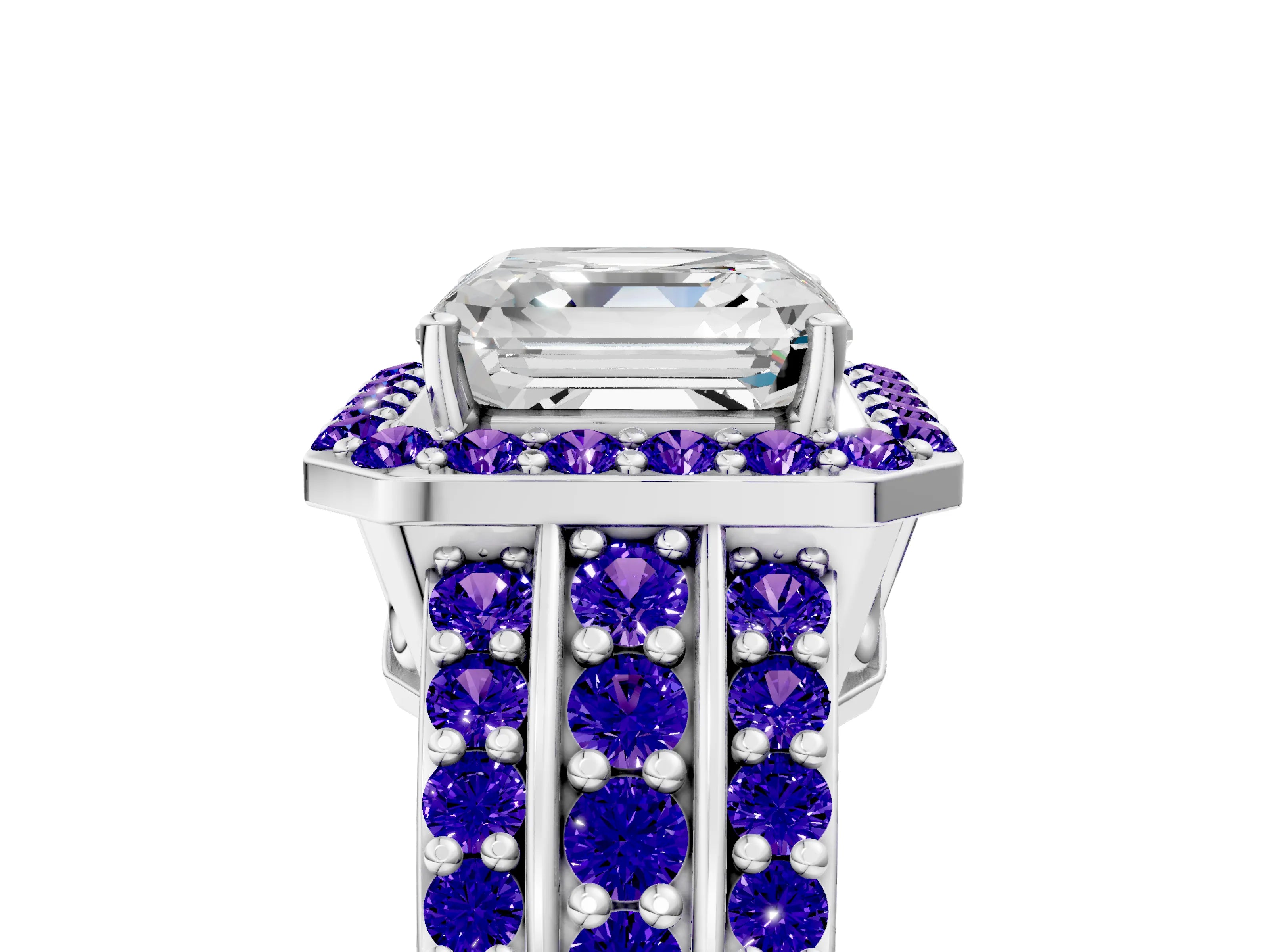 White gold Asscher Cut Halo Diamond Ring with Round with Tanzanite side stone Split Shank and Prong Setting_17