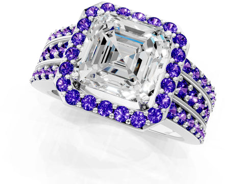 White gold Asscher Cut Halo Diamond Ring with Round with Tanzanite side stone Split Shank and Prong Setting_1