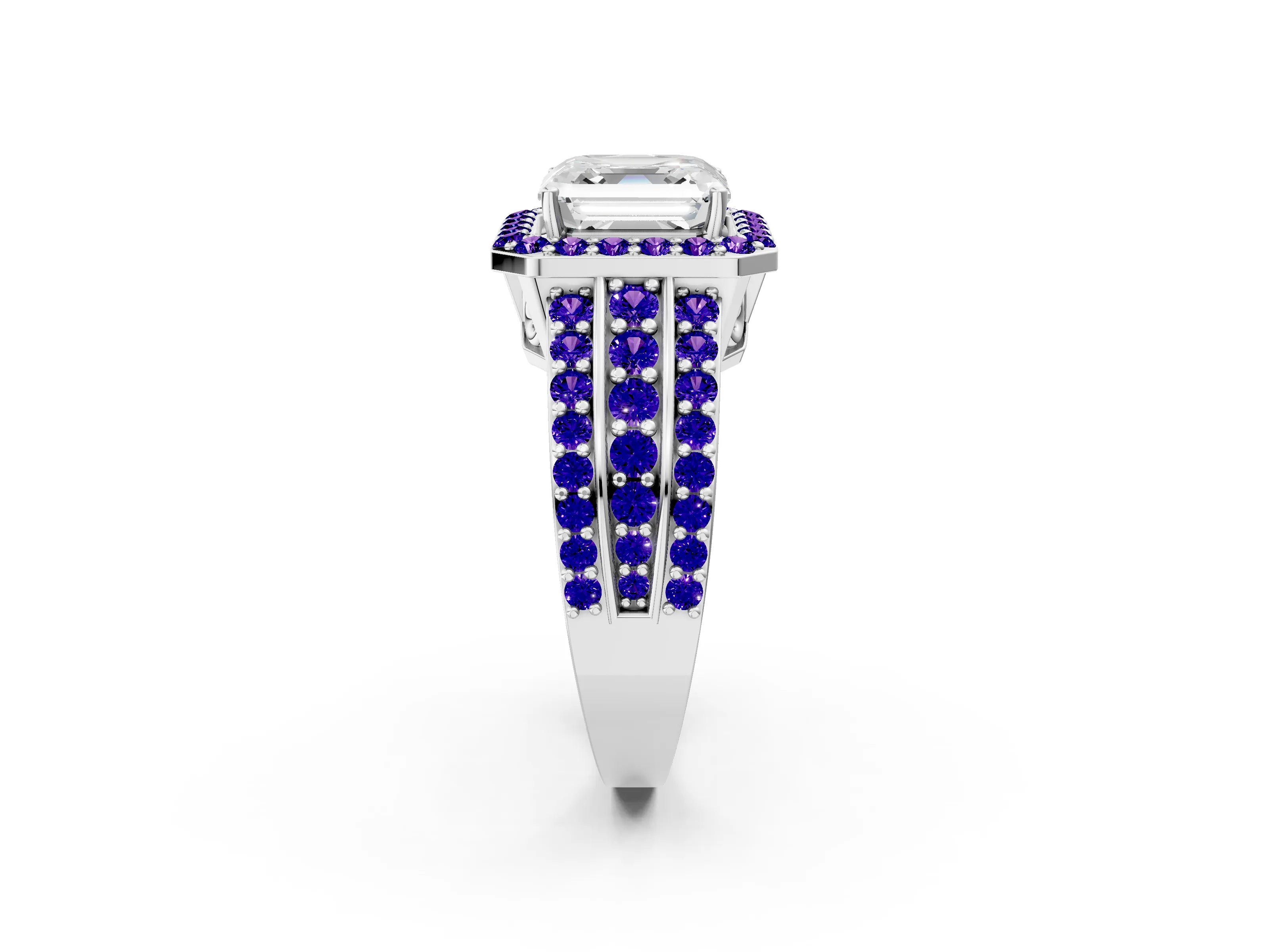 White gold Asscher Cut Halo Diamond Ring with Round with Tanzanite side stone Split Shank and Prong Setting_2