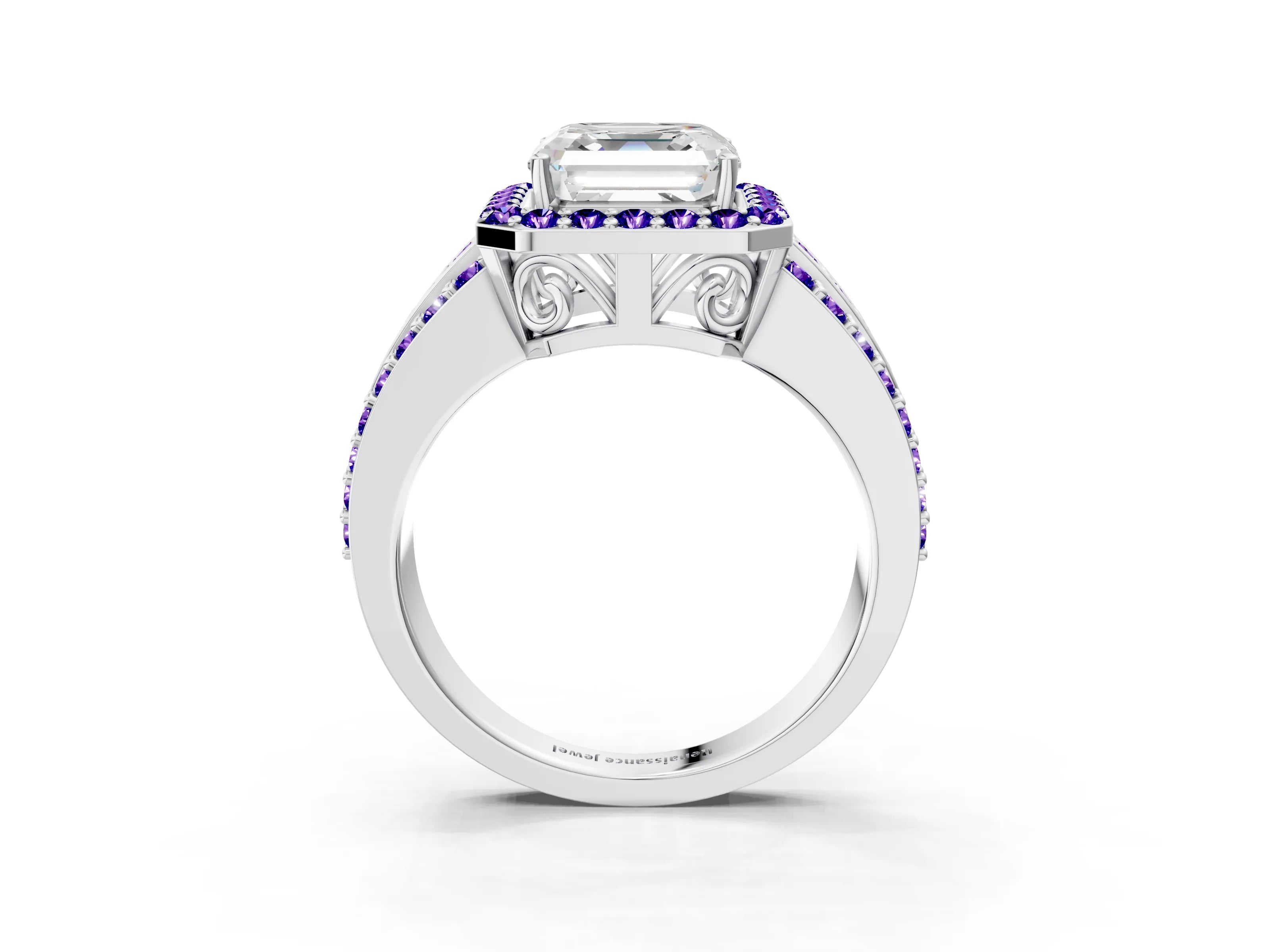 White gold Asscher Cut Halo Diamond Ring with Round with Tanzanite side stone Split Shank and Prong Setting_3