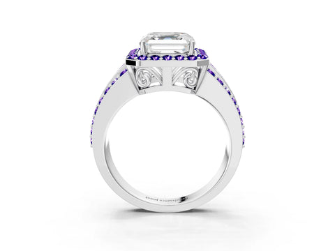 White gold Asscher Cut Halo Diamond Ring with Round with Tanzanite side stone Split Shank and Prong Setting_3