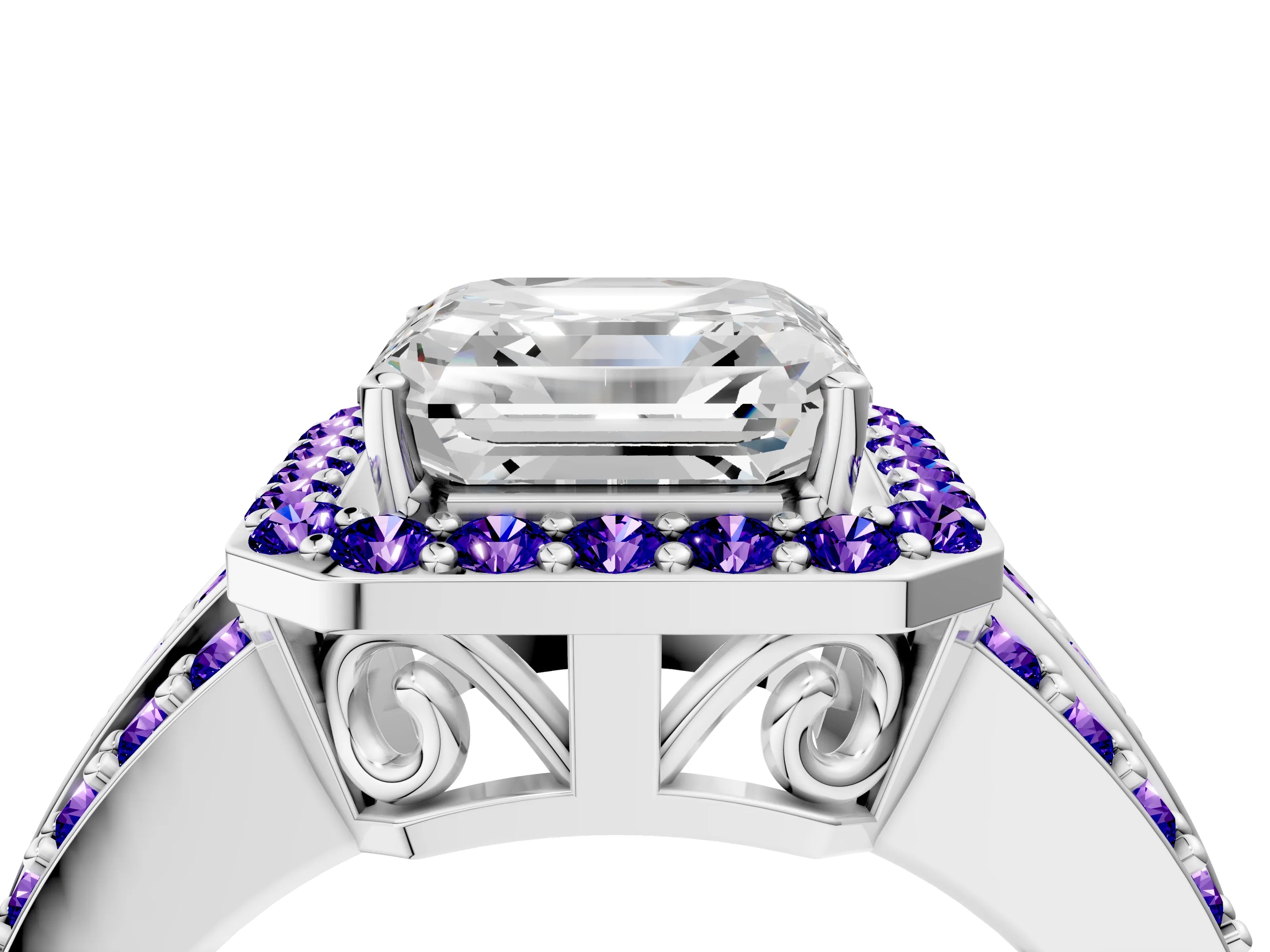 White gold Asscher Cut Halo Diamond Ring with Round with Tanzanite side stone Split Shank and Prong Setting_4