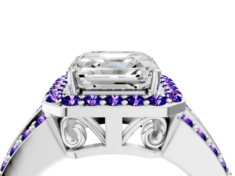 White gold Asscher Cut Halo Diamond Ring with Round with Tanzanite side stone Split Shank and Prong Setting_4
