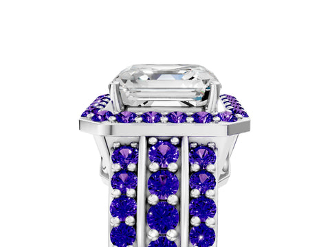 White gold Asscher Cut Halo Diamond Ring with Round with Tanzanite side stone Split Shank and Prong Setting_5