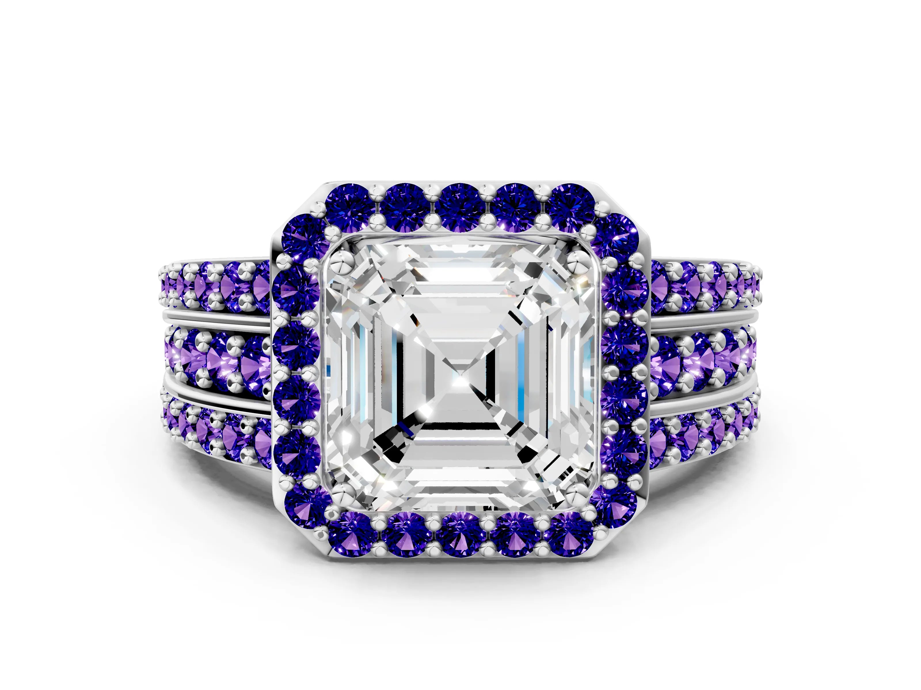 White gold Asscher Cut Halo Diamond Ring with Round with Tanzanite side stone Split Shank and Prong Setting