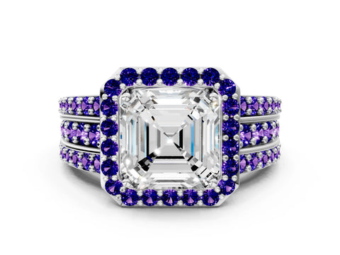 White gold Asscher Cut Halo Diamond Ring with Round with Tanzanite side stone Split Shank and Prong Setting
