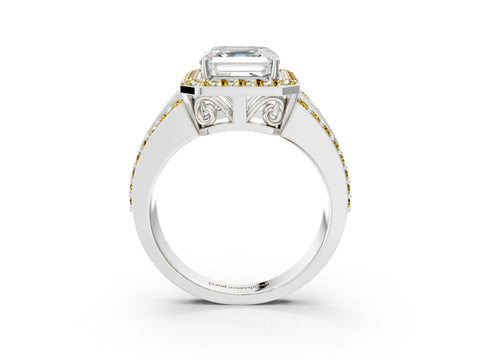 White gold Asscher Cut Halo Diamond Ring with Round with Yellow Sapphire side stone Split Shank and Prong Setting_27