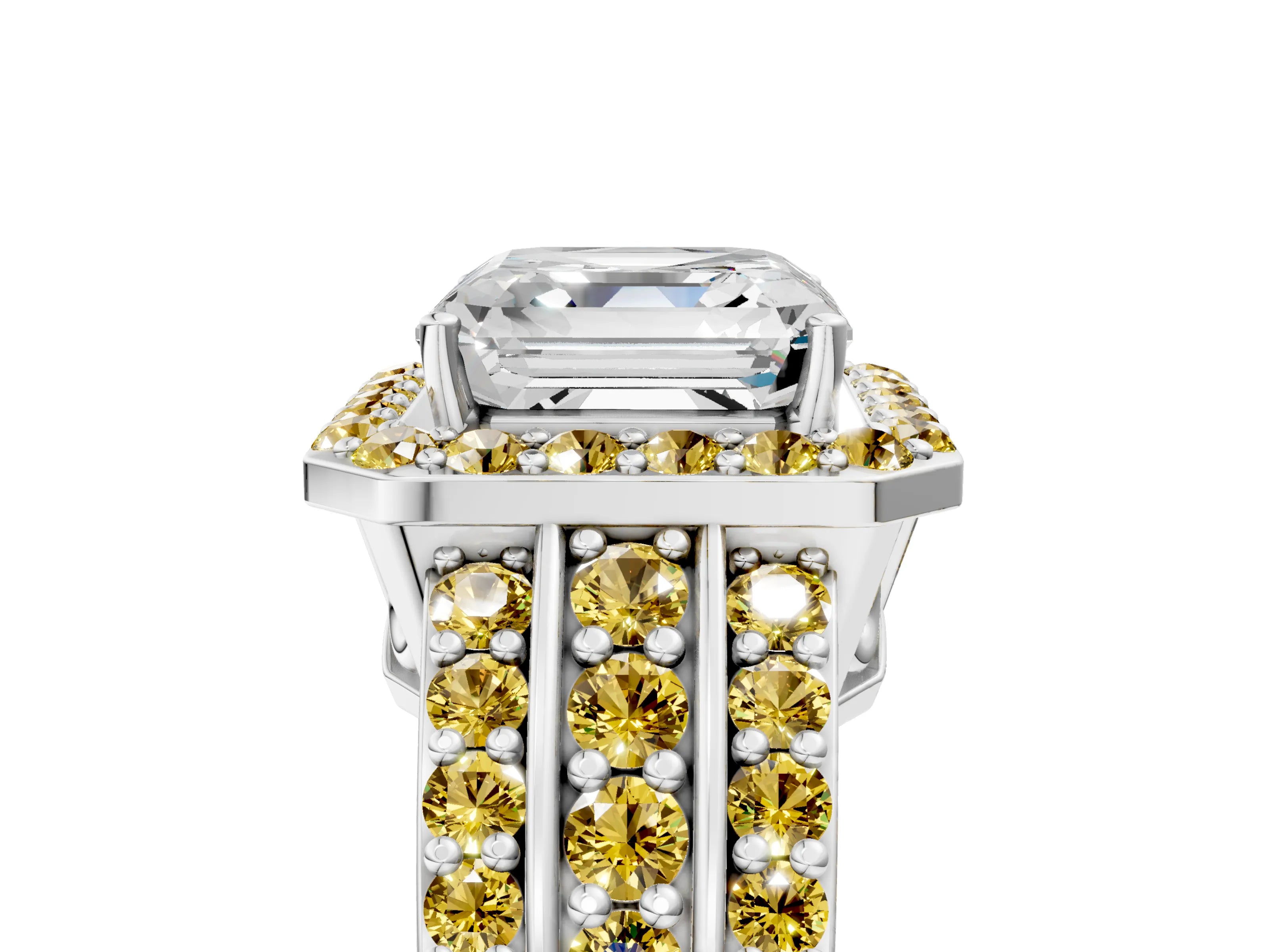 White gold Asscher Cut Halo Diamond Ring with Round with Yellow Sapphire side stone Split Shank and Prong Setting_29