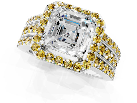 White gold Asscher Cut Halo Diamond Ring with Round with Yellow Sapphire side stone Split Shank and Prong Setting_31
