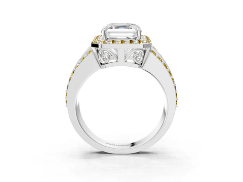 White gold Asscher Cut Halo Diamond Ring with Round with Yellow Sapphire side stone Split Shank and Prong Setting_33