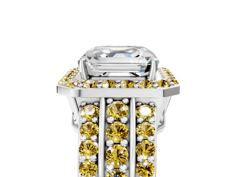 White gold Asscher Cut Halo Diamond Ring with Round with Yellow Sapphire side stone Split Shank and Prong Setting_35