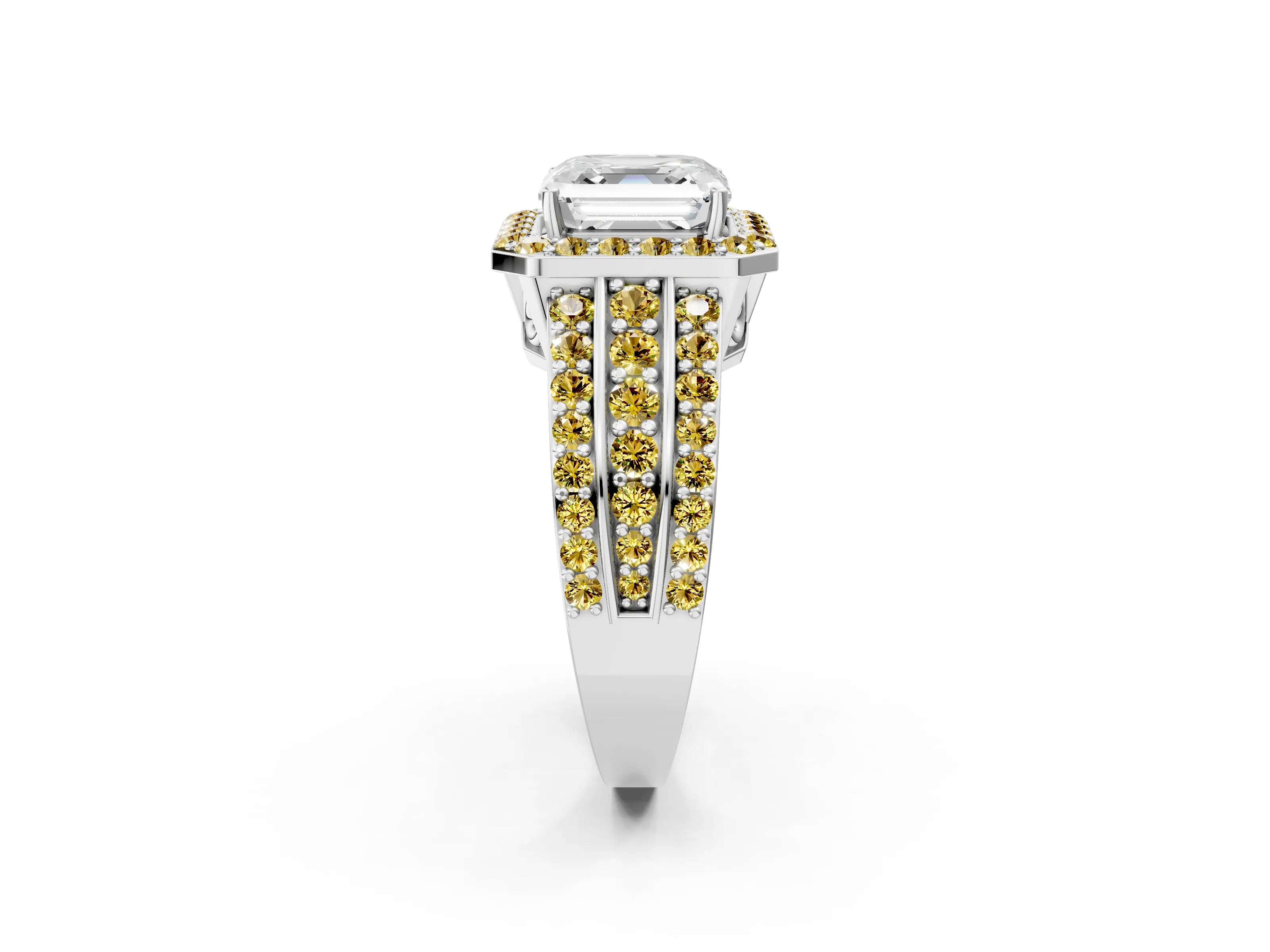 White gold Asscher Cut Halo Diamond Ring with Round with Yellow Sapphire side stone Split Shank and Prong Setting_36