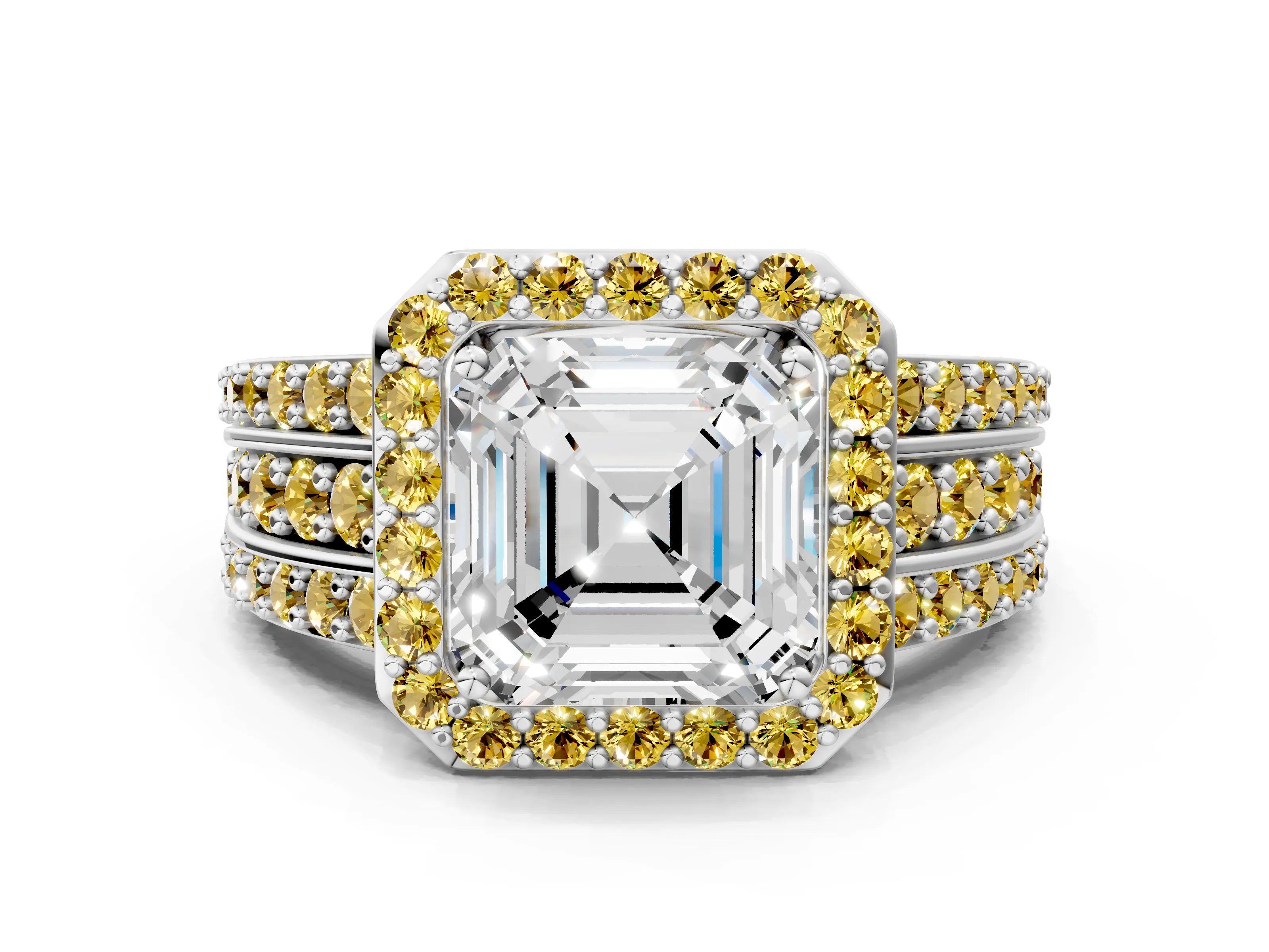 White gold Asscher Cut Halo Diamond Ring with Round with Yellow Sapphire side stone Split Shank and Prong Setting_36