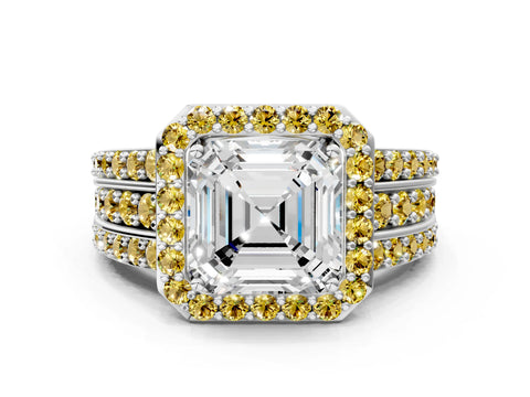 White gold Asscher Cut Halo Diamond Ring with Round with Yellow Sapphire side stone Split Shank and Prong Setting_36