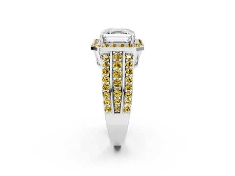 White gold Asscher Cut Halo Diamond Ring with Round with Yellow Sapphire side stone Split Shank and Prong Setting_36