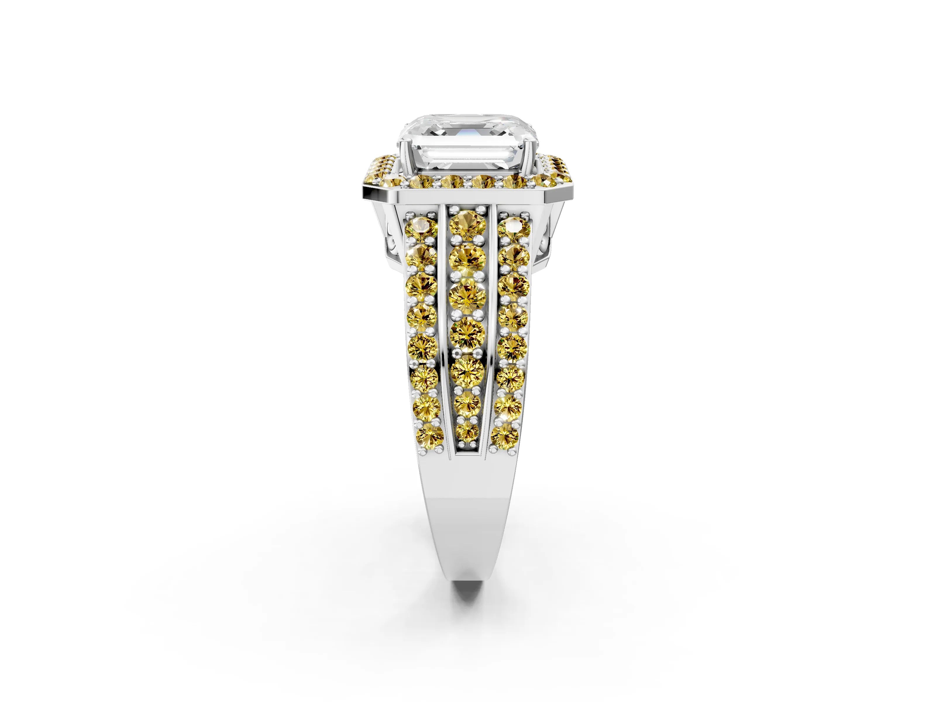 White gold Asscher Cut Halo Diamond Ring with Round with Yellow Sapphire side stone Split Shank and Prong Setting_38
