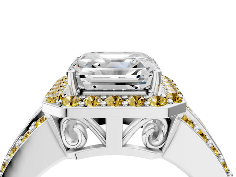 White gold Asscher Cut Halo Diamond Ring with Round with Yellow Sapphire side stone Split Shank and Prong Setting_38