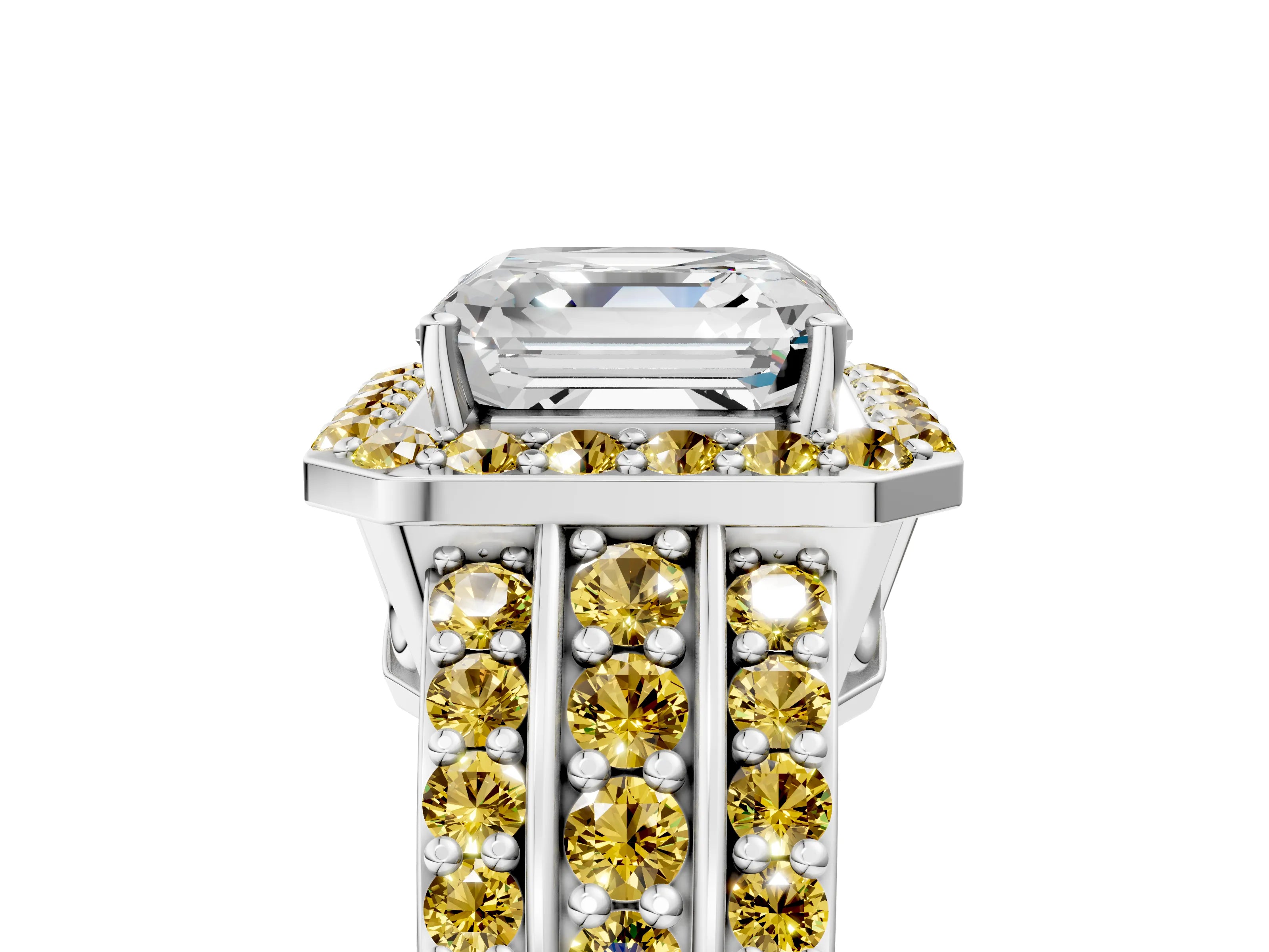 White gold Asscher Cut Halo Diamond Ring with Round with Yellow Sapphire side stone Split Shank and Prong Setting_39