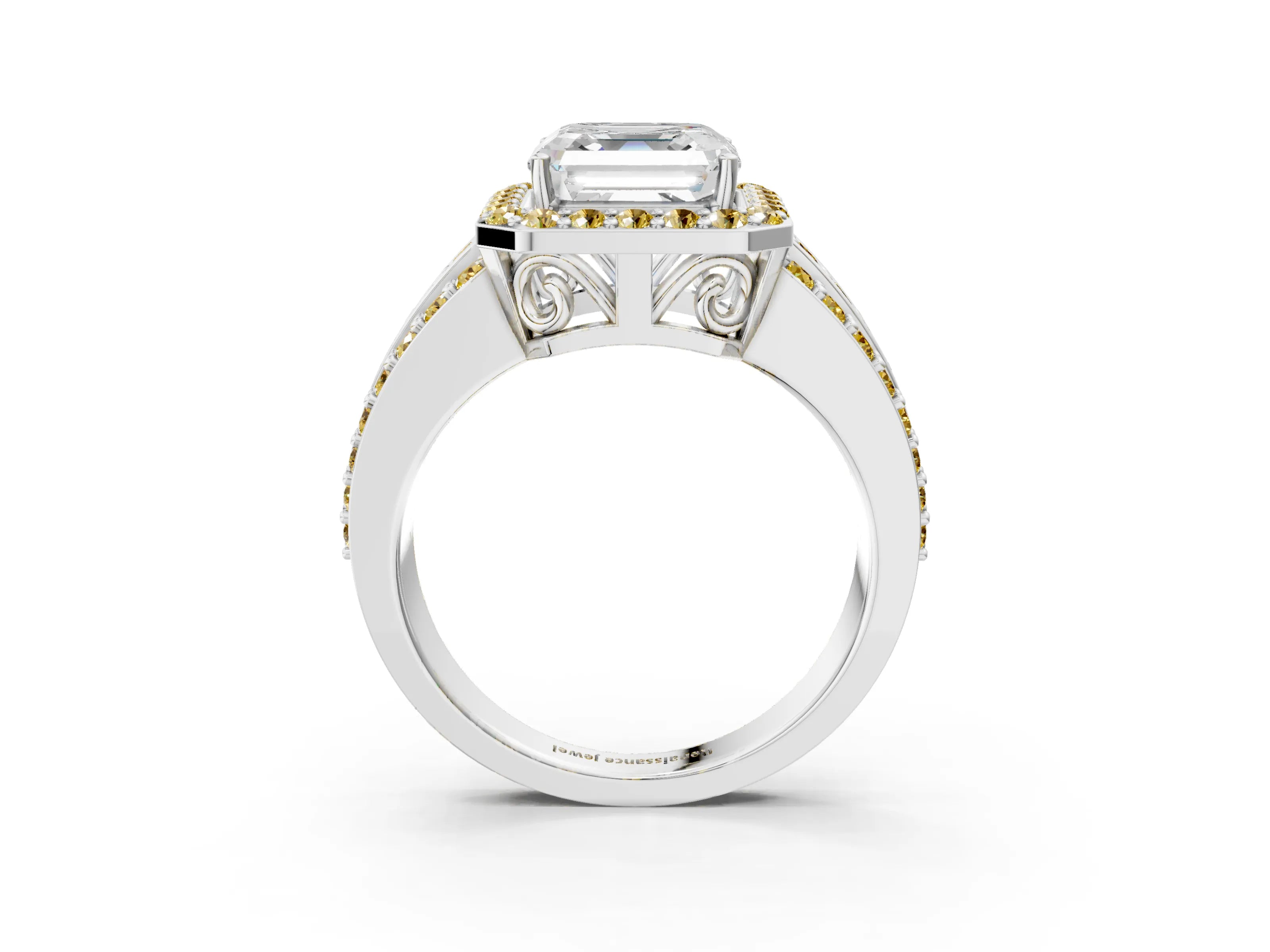 White gold Asscher Cut Halo Diamond Ring with Round with Yellow Sapphire side stone Split Shank and Prong Setting_39