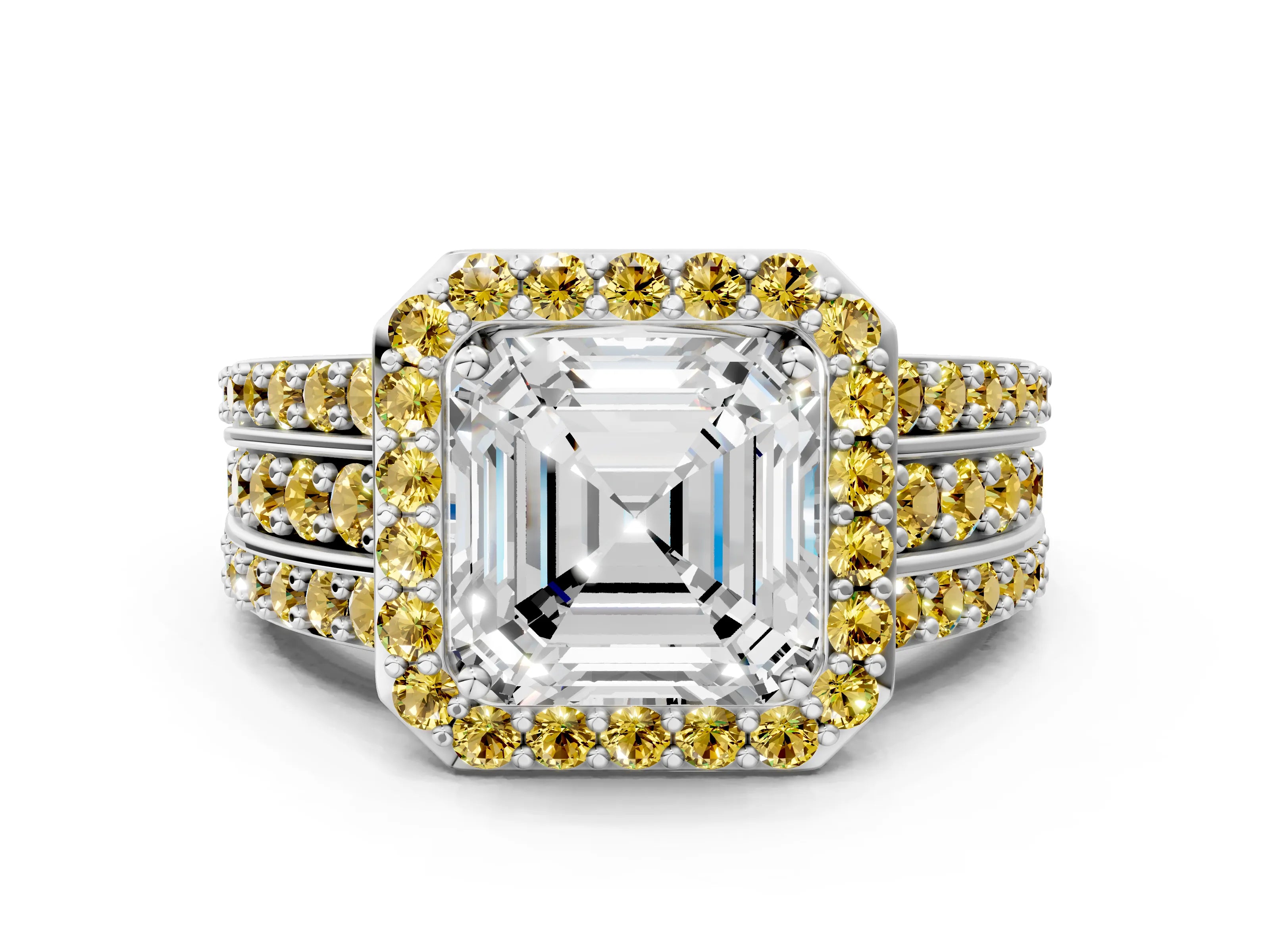 White gold Asscher Cut Halo Diamond Ring with Round with Yellow Sapphire side stone Split Shank and Prong Setting_42