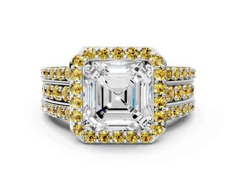 White gold Asscher Cut Halo Diamond Ring with Round with Yellow Sapphire side stone Split Shank and Prong Setting_42