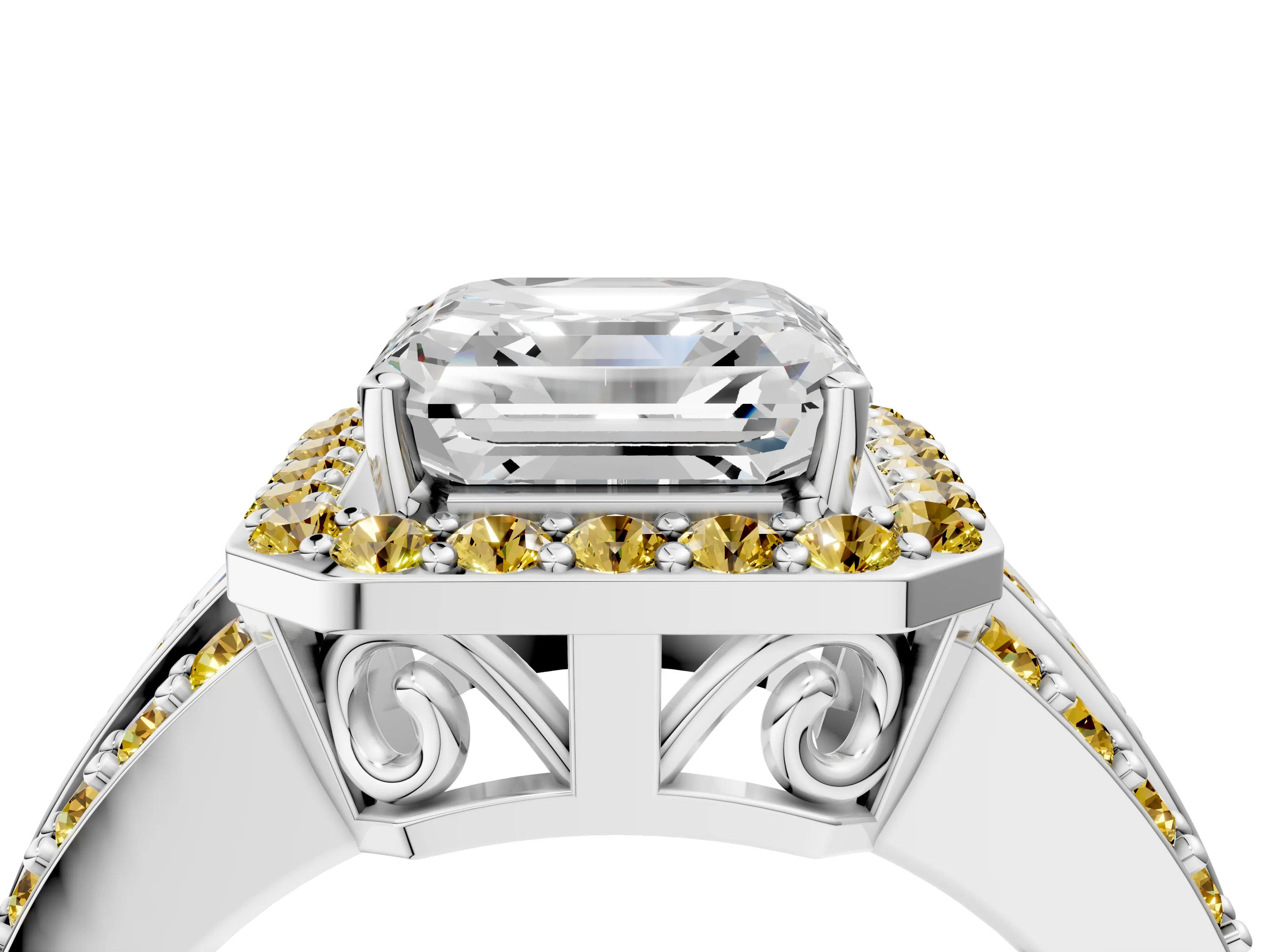White gold Asscher Cut Halo Diamond Ring with Round with Yellow Sapphire side stone Split Shank and Prong Setting_46