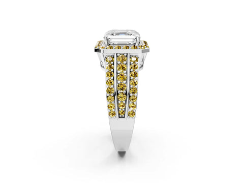 White gold Asscher Cut Halo Diamond Ring with Round with Yellow Sapphire side stone Split Shank and Prong Setting_48