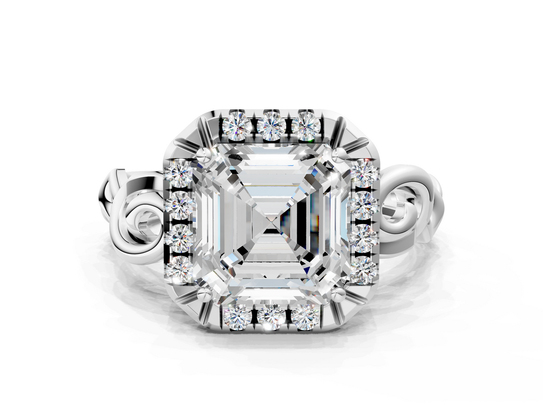White gold Asscher Cut Halo Diamond Ring with Scrollwork Band and Four-Prong Setting_6