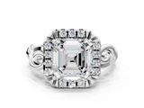 White gold Asscher Cut Halo Diamond Ring with Scrollwork Band and Four-Prong Setting_6
