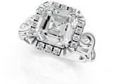 White gold Asscher Cut Halo Diamond Ring with Scrollwork Band and Four-Prong Setting_7