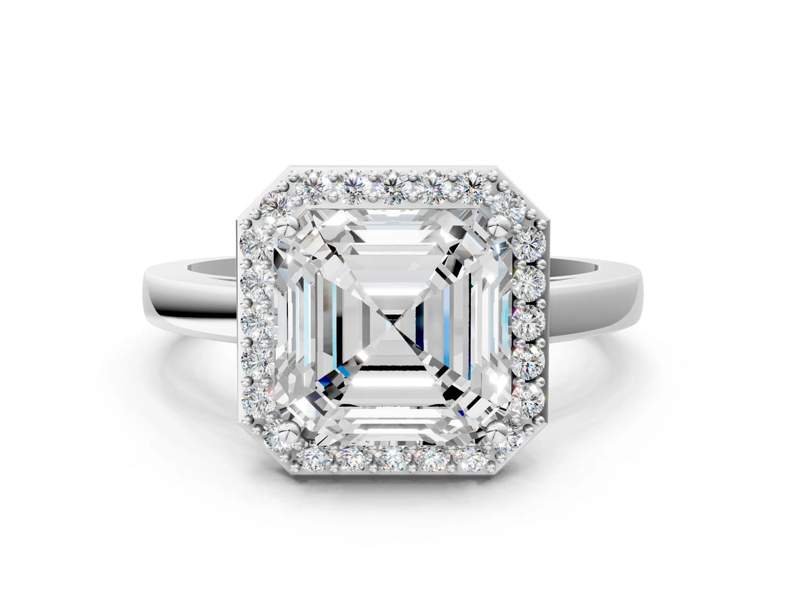 White gold Asscher Cut Halo Diamond Ring with Solitaire Band and Prong Setting_7