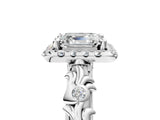 White gold Asscher Cut Halo Diamond Solitaire with Filigree Band and Four-Prong Setting_12
