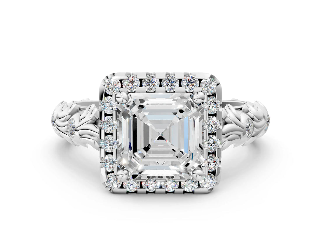 White gold Asscher Cut Halo Diamond Solitaire with Filigree Band and Four-Prong Setting_7