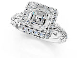 White gold Asscher Cut Halo Diamond Solitaire with Filigree Band and Four-Prong Setting_8