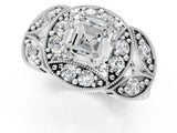 White gold Asscher Cut Halo Milgrain Diamond Engagement Ring with Leaf Band and Four-Prong Setting_8