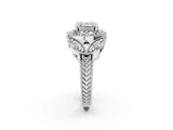 White gold Asscher Cut Halo Milgrain Diamond Engagement Ring with Leaf Band and Four-Prong Setting_9