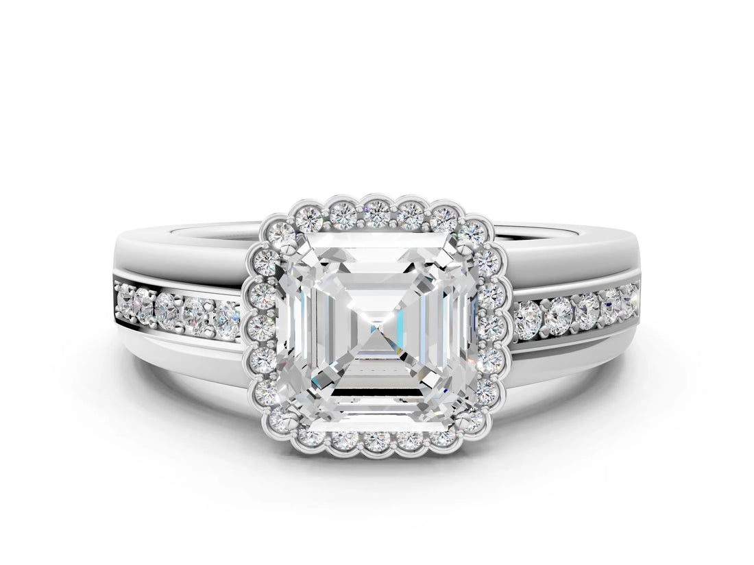 White gold Asscher Cut Halo Pave Band Four-Prong Ring_58