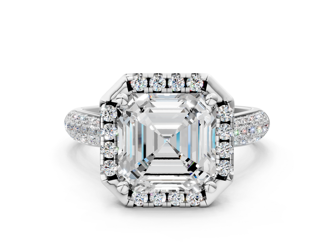 White gold Asscher Cut Halo Pave Band Four-Prong Setting Ring_6