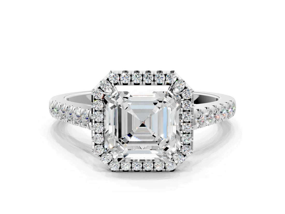 White gold Asscher Cut Halo Pave Diamond Engagement Ring with Four-Prong Setting_8