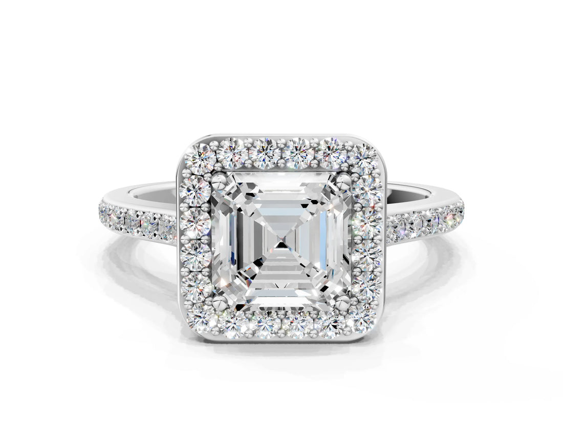 White gold Asscher Cut Halo Round Diamond Pavé Band with Four-Prong Setting_3