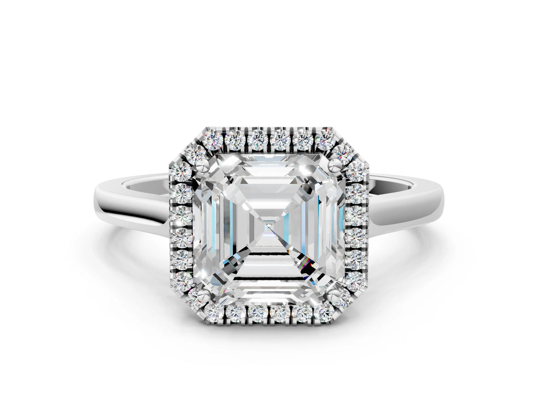 White gold Asscher Cut Halo Round Diamond Solitaire Ring with Pavé Band and Four-Prong Setting
