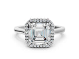 White gold Asscher Cut Halo Round Diamond Solitaire Ring with Pavé Band and Four-Prong Setting