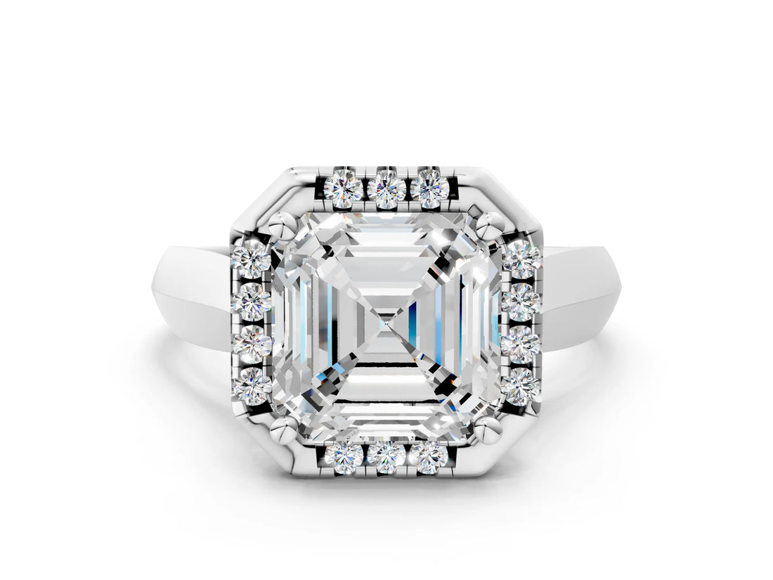 White gold Asscher Cut Halo Solitaire Engagement Ring with Square Band and Four-Prong Setting_78