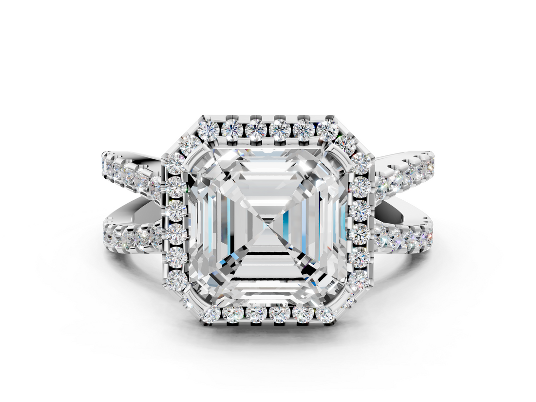 White gold Asscher Cut Halo Split Shank Pave Set Ring_26