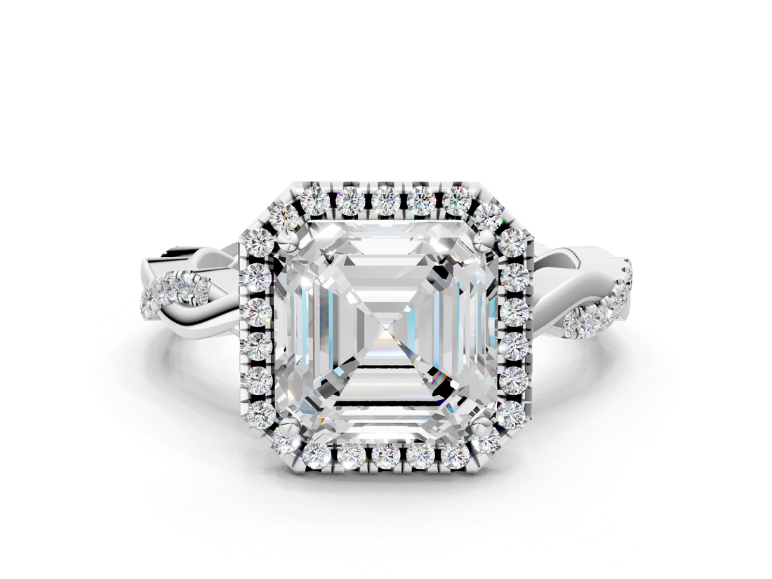 White gold Asscher Cut Halo Twisted Band Four-Prong Ring_6