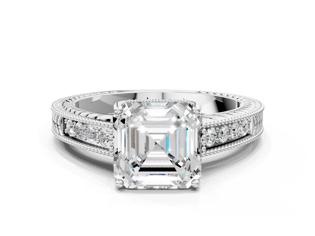 White gold Asscher Cut Milgrain Channel Set Engagement Ring with Solitaire Prong Setting_29