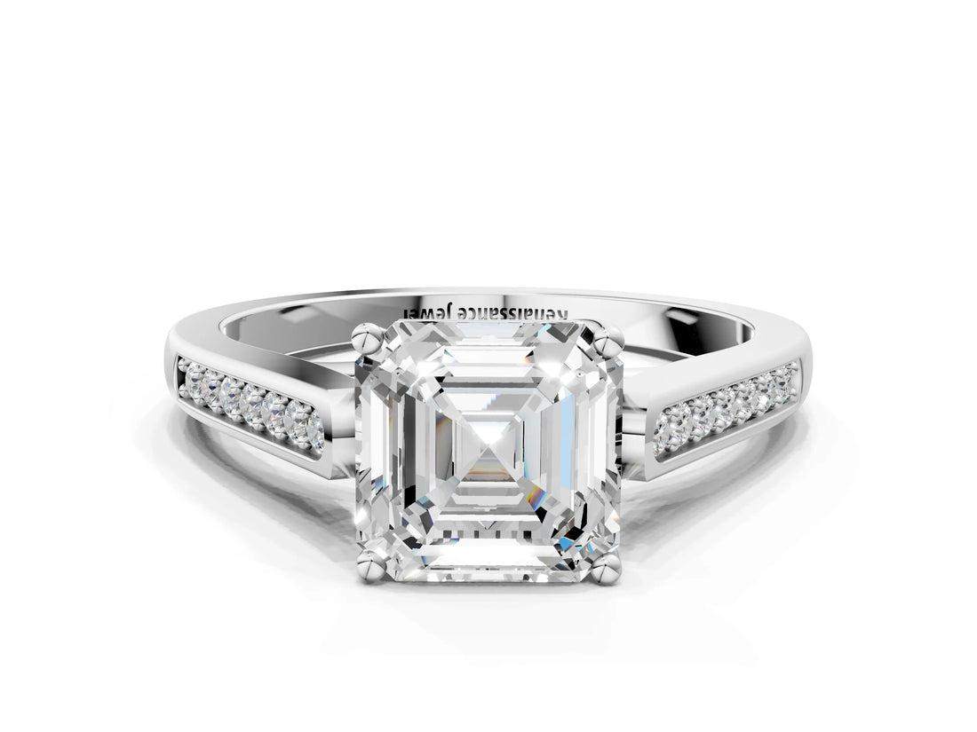 White gold Asscher Cut Solitaire Cathedral Diamond Engagement Ring with Channel-Set Band and Four-Prong Setting_3