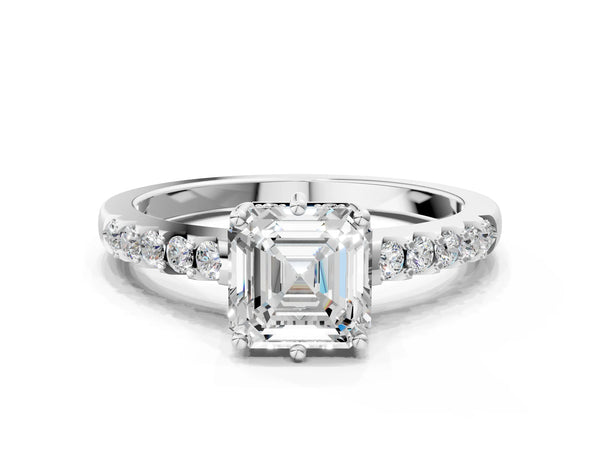 White gold Round Solitaire Diamond Engagement Ring with Pavé Band and Six-Prong Setting